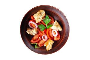 panzanella sallad torkat rostat bröd bröd, tomat, lök måltid mellanmål foto