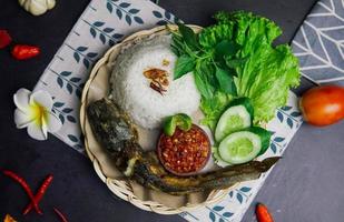 ett paket med ris, stekt fisk och några färska grönsaker på en svart bakgrund foto