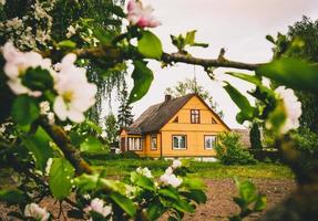 vackert traditionellt gult hus i Litauens landsbygd med vackra dekorationer foto