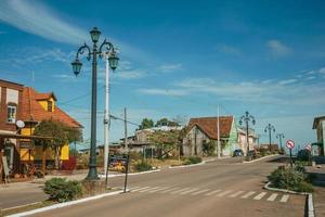 cambara do sul, Brasilien - 19 juli 2019. flamboyanta ljusstolpar och hus med butik på avenyn Getulio Vargas i cambara do sul. en liten lantlig stad med fantastiska naturliga turistattraktioner. foto