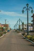 cambara do sul, Brasilien - 19 juli 2019. flamboyanta ljusstolpar och hus med butik på avenyn Getulio Vargas i cambara do sul. en liten lantlig stad med fantastiska naturliga turistattraktioner. foto