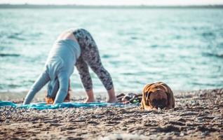 flicka gör yoga och stretchar på stranden med sin hund foto