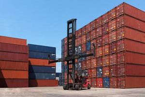 lastcontainrar i skeppsvarv för import, export industriell mot blå himmel miljö för transport, import, export, logistisk industri foto