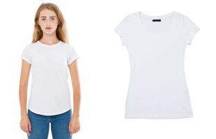 flicka vit tshirt mock up, tom t-shirt närbild, sommar tshirt över vit bakgrund, kvinna t shirt mockup foto