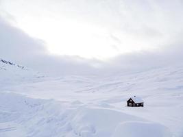 snötäckt ensamt hus stuga, vitt vinterlandskap, norge. foto