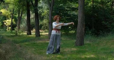 kvinna som utövar qigong och meditation i sommarparken eller skogen foto