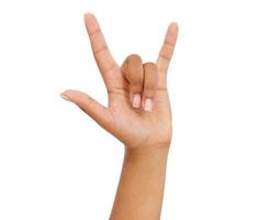 afro amerikansk hand gör heavy metal gesten isolerade vit bakgrund foto