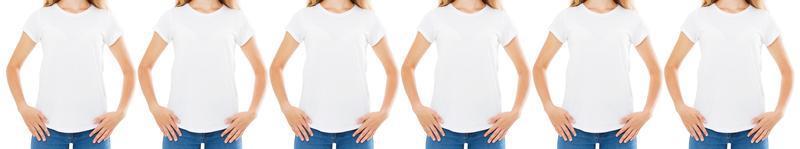 många varianter av kvinna i t-shirt isolerad på vit bakgrund, beskuren bild foto