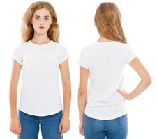 vit kvinna i vit t-shirt set isolerad, tom, logotyp, tom foto