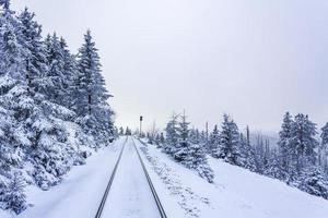 brocken järnväg och snöade i träd landskap brocken harz tyskland foto