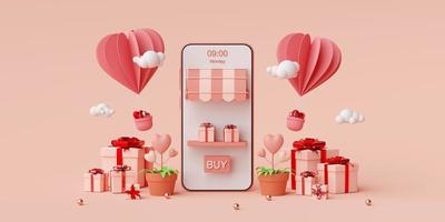 valentine banner bakgrund av smartphone med presentask och hjärtform ballong, 3D-rendering