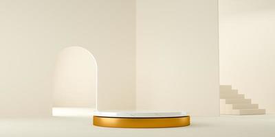 3D-rendering, modern och minimalistisk bakgrund med vit marmor och guld i abstrakt inomhus foto