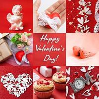 hjärtan, ängel, par fåglar, blommor, cupcakes på röd bakgrund. alla hjärtans dag collage foto