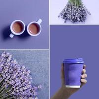 fotocollage med kaffe och lavendelblommor i trendig mycket pery färg från 2022 foto