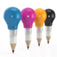 penna glödlampa huvud i cmyk färg som kreativt koncept foto