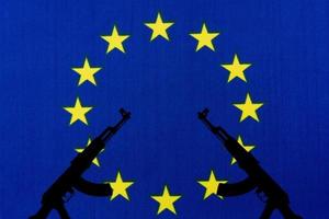 eu-flaggan och vapnets siluett. foto