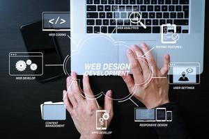 cybersäkerhet internet och nätverk concept.businessman hand arbetar mobiltelefon på bärbar dator bakgrund foto