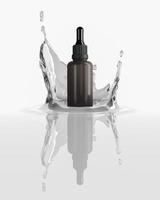 abstrakt bakgrund för kosmetisk presentation. droppflaskan står på ett utspritt vatten i vit studio. foto