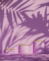 tre rosa podium och gyllene topp på solskydd och planterar skuggor på rosa vägg, abstrakt bakgrund för produktpresentation eller annonser. 3d-rendering foto