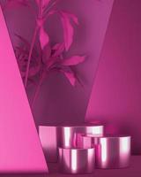 tre glänsande lila cylindriska baser i scenen och det lila trädet. abstrakt mockup för annonser branding och produktpresentation. foto