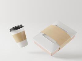 en mock up av realistiska vita blanka pappersmuggar med plastlock. kaffe att gå, ta ut mugg med en mock up tom realistisk papperslåda 3d-rendering, 3d-illustration foto
