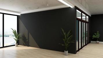 3D-rendering kontor trä lobby väntrum för företagets vägg logotyp mockup foto