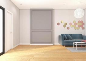 nordiskt tomt rum med soffa och soffbord, vit vägg och trägolv. 3d-rendering foto