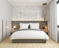 lyxigt sovrum med marmormönstervägg och grå garderob, vit king size-säng och trägolv. 3d-rendering foto