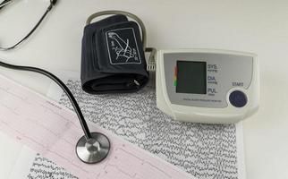 modern elektrisk tonometer och ett stetoskop på ett kardiogramdiagram. hushållets blodtrycksmätare foto