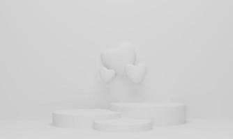 vit podiescen och hjärtform, geometrisk podiumform för visning av produkt, present och reklam. 3d-rendering. foto