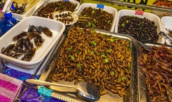 thaimat rea äta insekter khaosan khao san road bangkok. foto