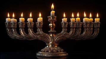 gyllene menora brinnande på svart bakgrund i hedra av hanukkah Semester foto