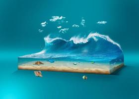 3D-illustration av havet isolerat med moln. resor och semester bakgrund. vackra surfvågor med isolerad undervattensscen. foto