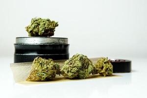 närbild av medicinsk marijuana knoppar på vit bakgrund foto