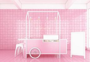 kafé i minimal stil med rosa bakgrund och vit butiksskylt, rosa vägg och rosa kakelgolv, 3d-rendering. foto