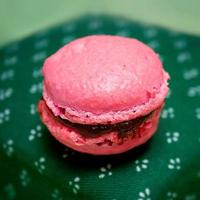 rosa macaron på grön bakgrund. foto