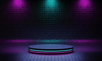 cyberpunk produkt podium plattform studio med blå och violett spotlight och grunge stil texturerad bakgrund. retro scen och futuristisk scen koncept. 3d illustration rendering grafik foto