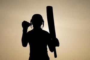 siluett av en cricketspelare som firar efter att ha fått ett sekel i cricketmatchen. indiska cricketspelare och sportkoncept. foto