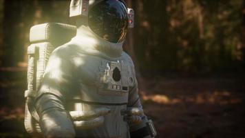 ensam astronaut i mörk skog foto