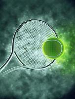 tennisboll och racket i rök med bokeh foto