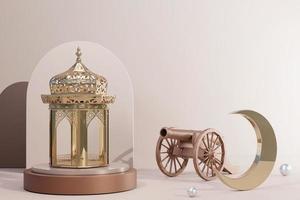 islamisk dekoration bakgrund med kanon halvmåne arabisk lykta tecknad stil, ramadan kareem, mawlid, iftar, isra miraj, eid al fitr adha, muharram, kopiera rymdtext, 3d-illustration.