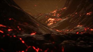 röd orange levande smält lava som rinner ut på grå lavafält och glänsande stenig mark foto