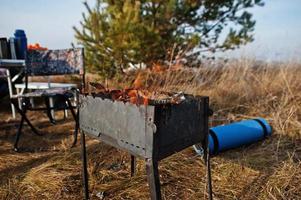 grilldag med grill. grilla på brännaren. kebab. picknick i skogen foto