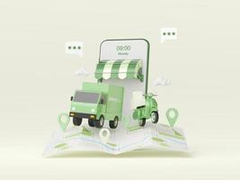 leveranstjänst på mobilapplikation, transportleverans med lastbil eller skoter, 3d-illustration foto