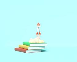 leksaksraket lyfter från böckerna som spyr rök på en blå bakgrund. symbol för önskan om utbildning och kunskap. skolan illustration. 3d-rendering. foto