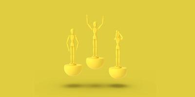 tre leksak man av gul färg på en sport abstrakt piedestal. foto