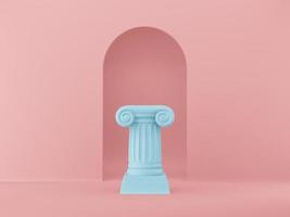 abstrakt podium blå kolumn på den rosa bakgrunden med båge. segerpiedestalen är ett minimalistiskt koncept. 3d-rendering. foto