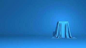 abstrakt podium, piedestal. en hög kub är täckt med glänsande tyg. snygg minimal abstrakt horisontell scen, plats för text. trendig klassisk blå färg. 3d-rendering foto