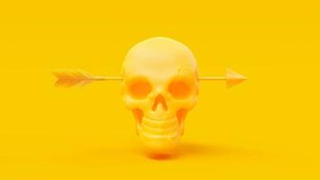 gul skalle sköts genom huvudet av en pil eller pil. minimal idé koncept, 3d-rendering. foto