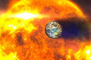 jordplaneten brinner från solstormen i rymden. delar av denna bild levererades av nasa foto
